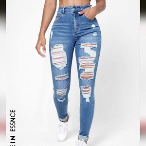 SHEIN Blue Skinny High-Waisted Distressed Jeans